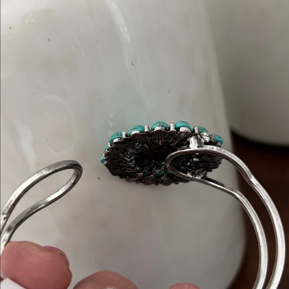 Laura Ford Silvertone double row, faux turquoise stones,Concho,cuff bracelet